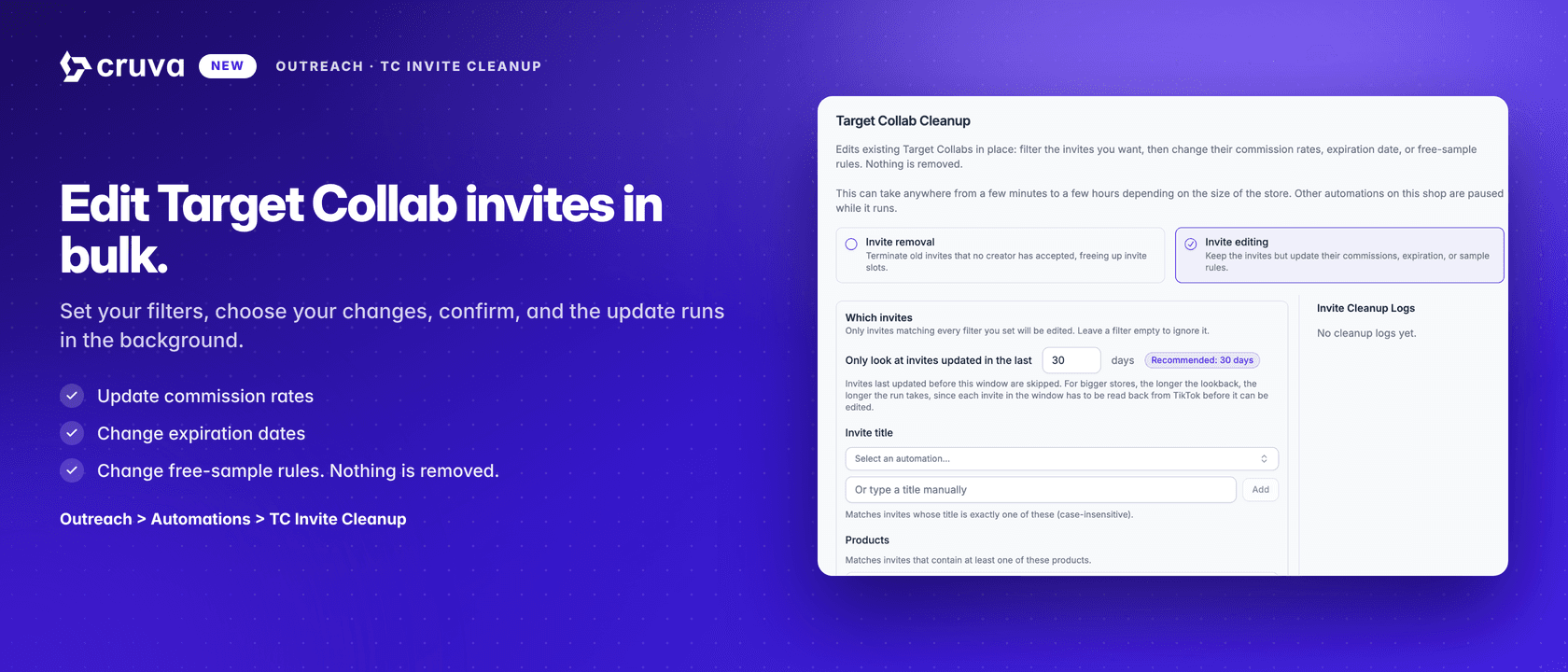 Cruva banner reading Edit Target Collab invites you already sent, with three numbered steps: pick the invites, set the changes, apply and let it run.